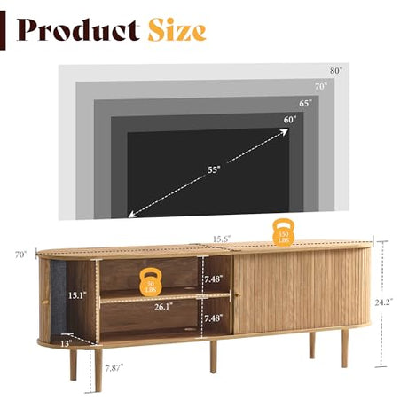 AMERLIFE 70" Mid-Century Modern TV Stand, TV Console Table for TVs up to 80 Inch, Fluted Wood Media Console with Storage, Solid Wood Legs, Natural Oak AMERLIFE