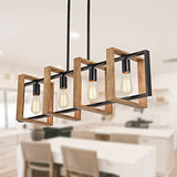 Dining Room Light Fixture Farmhouse Pendant Lights Kitchen Island Rustic Kitchen Light Fixtures 4 Lights Wood and Black Metal Rectangular Chandelier Ceiling Hanging Lighting 35.4" Poroulux