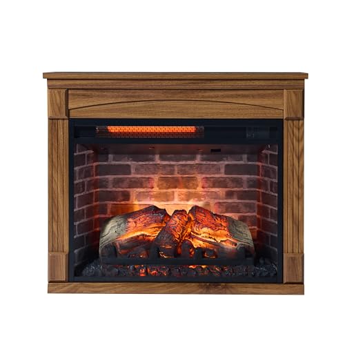 TEVUTEVU 28 inch TV Stand with Electric Fireplace, 1500W Heater & Remote Control, Mobile Entertainment Center with Wheels, 4 Adjustable Flame Settings,Timing Funcion, for Living Room,Dark Oak TEVUTEVU