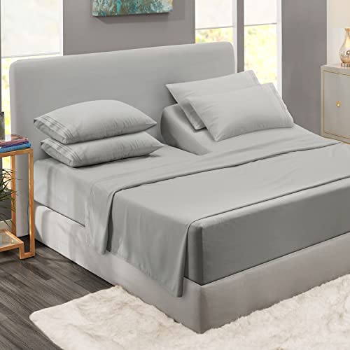 Clara Clark Flex Top King Sheets, 6 Piece Set - Hotel Luxury Sheets for Top Split King Bed, Super Soft Bedding Set, Head Split King Silver Clara Clark