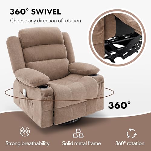 Rocker Recliner Chair with Heat and Massage, 360° Swivel Nursery Rocking Chairs for Adults, Oversized Recliner Single Sofa Seat with Cup Holders, Lazy Boy Recliner Single Sofa (Manual, Brown)