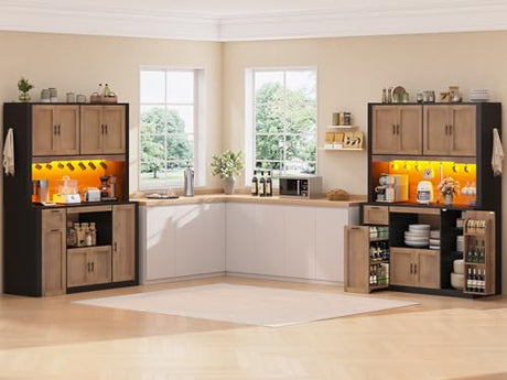 Itaar 71" Pantry Cabinet with Charging Station and LED Light, Kitchen Pantry Cabinet with Microwave Stand, 47.2" Wide Kitchen Storage Cabinets with Storage Cart 3 Tier for Dining Room (Brown) Itaar