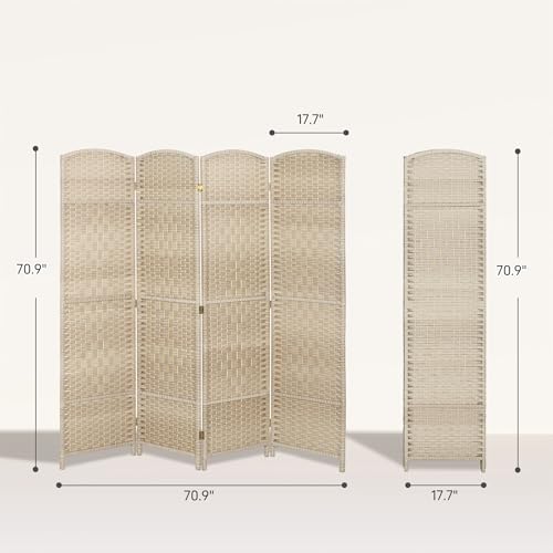 HOMCOM 4 Panel Room Divider, 6' Tall Folding Privacy Screen, Woven Freestanding Wall Partition for Home Office, Bedroom, Washed Oak HOMCOM