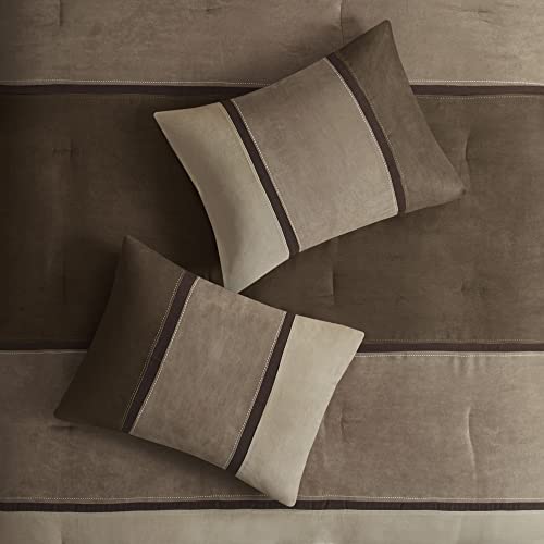 Madison Park Palisades Comforter Set Modern Faux Suede Pieced Stripe Design, All Season Down Alternative Cozy Bedding with Matching Shams, Decorative Pillows, King(104"x92"), Brown 7 Piece Madison Park