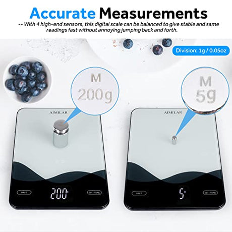 AIMILAR Digital Kitchen Scale 22lb/10kg USB-C Rechargeable, Tempered Glass Top Easy Clean, LED Touch Screen No Buttons, Auto Shut Off AIMILAR