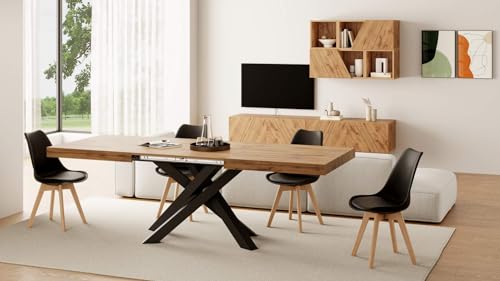 Mobili Fiver, Emma 140 Extendable Dining Table, Rustic Oak with Black Crossed Legs, Laminate-Finished/Iron, Made in Italy Mobili Fiver