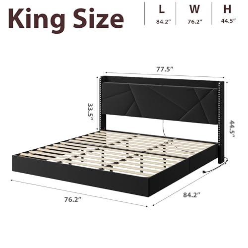 Garvee King Size Floating Bed Frame with RGB LED Lights and Charging Station, Upholstered Platform Bed with Storage Headboard and Button Tufted Design, No Box Spring Needed, Black Garvee