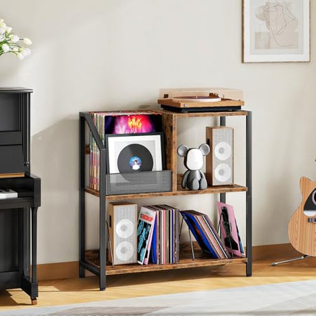 CHOEZON Large Record Player Stand, Vinyl Record Holder, Vinyl Display Rack, Rustic Turntable Display Stand, for Books, Rustic Brown and Black TCW08BF CHOEZON
