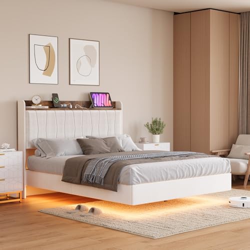 IDEALHOUSE King Floating Bed Frame with LED Lights & Charging Station, Upholstered Platform Bed with Storage Headboard, Wood Slats Support, No Box Spring Needed, Easy to Assemble, White IDEALHOUSE
