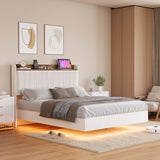 IDEALHOUSE King Floating Bed Frame with LED Lights & Charging Station, Upholstered Platform Bed with Storage Headboard, Wood Slats Support, No Box Spring Needed, Easy to Assemble, White IDEALHOUSE