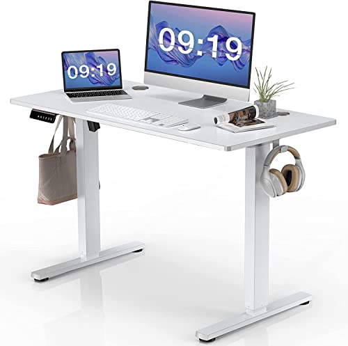 SMUG Standing Desk, 48 x 24 in Electric Height Adjustable Computer Desk for Home Office, Sit Stand up Work Gaming Table with Memory Controller/Headphone Hook, Rising Lift Workstation-White - WoodArtSupply