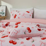 Aimuan Pink Cherries Comforter Set Cartoon Love Hearts Flowers and Grass Bedding Set for Girls Boys Kids Lightweight Soft 6 Piece with 2 Pillow Covers (Pink Red, Twin 6Pcs) Aimuan