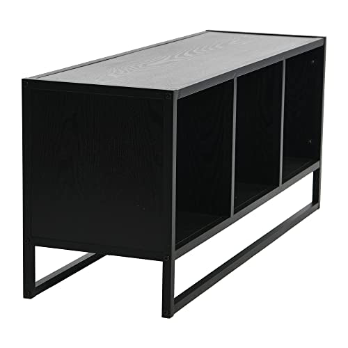 Household Essentials Jamestown TV Stand Coffee Table with Square Cube Storage Compartments Black Oak Wood Grain and Black Metal Household Essentials