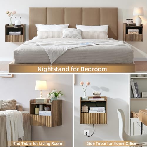 BuildHom Modern Fluted Floating Nightstand Wall Mounted Set of 2- Bedside Table with Storage Drawer & Display Shelf, Minimalist Bedroom Furniture for Studio Apartments(Rustic Brown) BuildHom