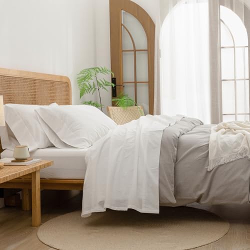 BESTOUCH Sheet Set 100% Washed Cotton Linen Feel Super Soft Comfortable Chic Lightweight 3 Pcs Home Bedding Set Solid Off White Twin BESTOUCH