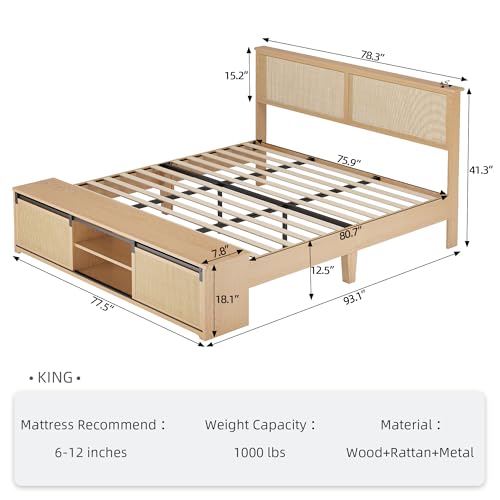 GarveeHome Natural Rattan King Size Bed Frame with Sliding Barn Door Storage Cabinets and Headboard, Boho Farmhouse Wood Platform Bed with Solid Wood Legs Support, No Box Spring Needed GarveeHome