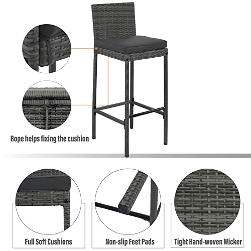 EPOFIT 5-Piece Grey Wicker Outdoor Bar Set with Cushioned Stools and Acacia Wood Top Table EPOFIT