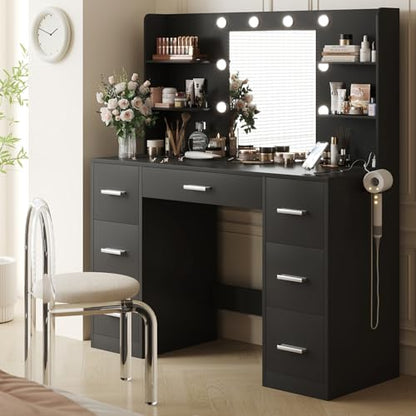 YESHOMY Vanity Desk with Mirror, Power Outlet and 10 Lights, Makeup Table with 7 Drawers, 3 Color Modes Available for Bedroom, Pure Black