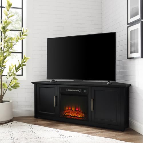 HomeStock Art Deco Dreams 58-inch Corner TV Stand with Electric Fireplace, Black - 20" D x 58" W x 22" H, Freestanding, Brass Effect Finish HomeStock