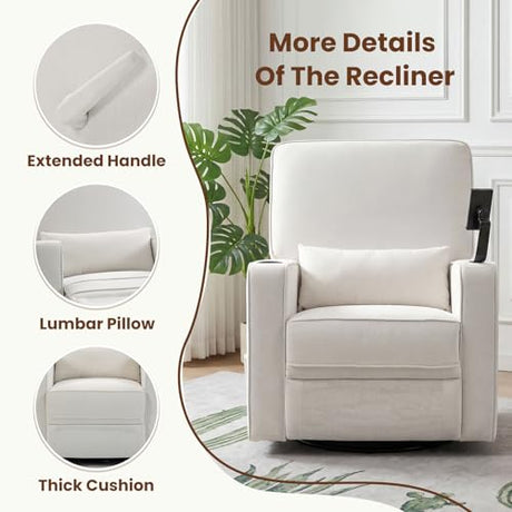 360° Swivel Rocker Recliner Chair with Adjustable Footrest, Rocking Chair Nursery with Phone Stand & Cup Holder,Manual Nursing Chair Glider Recliner Armchair for Adults, Living Room (Beige) FiveWillowise