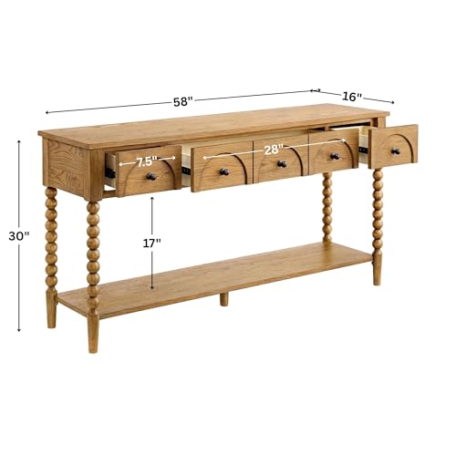 SAND STONE HOME Pembroke 58” Cottage Sofa Console Table with Drawers & Lower Shelf Storage, Narrow Entryway Table or Dining Server with Levelers | Prairie Oak Natural SAND STONE HOME