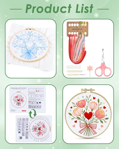 ERKOON Embroidery Kit for Beginners Adult, Flower Cross Stitch Set Include Embroidery Cloth Hoops Threads for Craft Lover Hand Stitch with Embroidery Skill Techniques (Bouquet) ERKOON