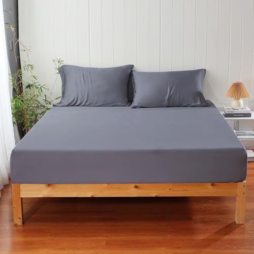 100% Viscose Derived from Bamboo Fitted Sheet with 16" Deep Pocket, Hotel Luxury Silky Bedding, Ultra Soft, Cooling for Hot Sleepers(Dark Grey Full) Zaizaihome