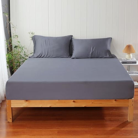 100% Viscose Derived from Bamboo Fitted Sheet with 16" Deep Pocket, Hotel Luxury Silky Bedding, Ultra Soft, Cooling for Hot Sleepers(Dark Grey Full) Zaizaihome