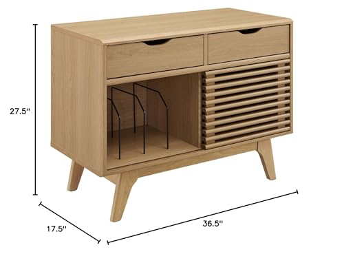 Modway Render Mid-Century Modern 37" Vinyl Record Display Stand with Drawers in Oak Modway