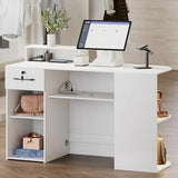 Kikihouse Modern Reception Desk & DIY Metal Strips, Front Desk with LED Light and Hidden Power Outlet, Reception Counter Table for Checkout, Office, Lobby, Nail Salon Spa (White) Kikihouse