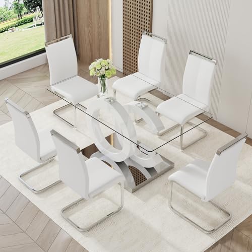 Ebullient Glass Dining Table Set for 6 ，7 Piece Dining Table Set,Tempered Glass Table Top，White Modern Dining Room Table with 6 PU Leather Ergonomic Dining Chairs Ebullient
