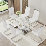 Ebullient Glass Dining Table Set for 6 ，7 Piece Dining Table Set,Tempered Glass Table Top，White Modern Dining Room Table with 6 PU Leather Ergonomic Dining Chairs Ebullient