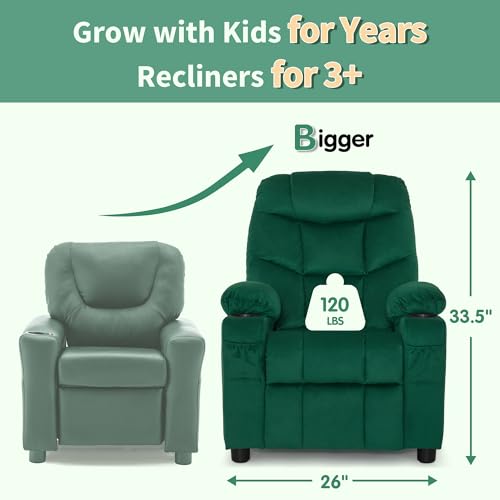 MCombo Big Kids Recliner for Ages 3+, Child Reclining Chair, Toddlers Recliner Sofa with Cup Holders (Velvet, Green)
