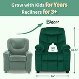MCombo Big Kids Recliner for Ages 3+, Child Reclining Chair, Toddlers Recliner Sofa with Cup Holders (Velvet, Green)