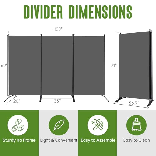 JVVMNJLK Indoor Room Divider, Portable Office Divider, Room Divider Wall Screen 3 Panel, Folding Partition Privacy Screen Walls Dividers for Room Separator 102" W x 71.3" H, Grey JVVMNJLK