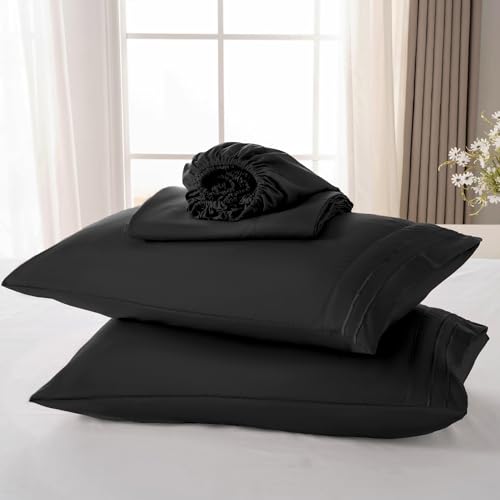 ROSE&RISY Black Full Sheet Set, 4 Pieces Soft Bedding Queen Sheet Set, Breathable and Cooling,Includes 1 Fitted, 1 Flat, 2 Pillow Cases - Deep Pocket (Black, Full) ROSE&RISY