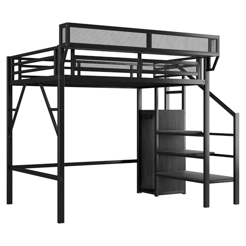 Mirightone Twin XL Size Loft Bed with Stairs and Storage, Metal Loft Bed Frame with A Shelf and Large Under-Bed Space, Heavy-Duty Loft Beds for Kids Boys Girls Teens, Black Mirightone