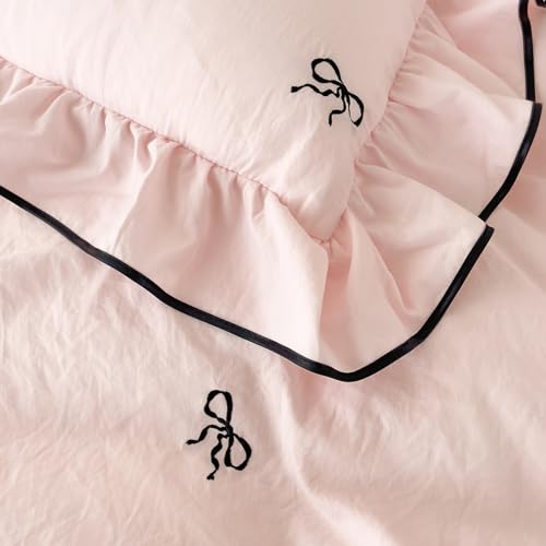 AOJIM Chic Pink Duvet Cover Set 3-Piece with Bow Pattern for Kids Adults, Twin Size Brushed Microfiber Ruffled Bedding Set, 1 Soft Comforter Cover and 2 Pillowcases, for All Seasons AOJIM