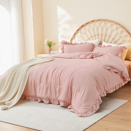 Litanika Full Size Comforter Sets, 3 Pieces Blush Pink Ruffle Girls Women Cute Bedding Comforters & Sets, Lightweight Fluffy Microfiber as Gift (79x90In Comforter & 2 Pillowcases) Litanika