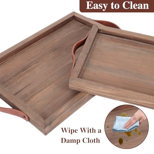 Geevon 2 Set Rustic Wooden Serving Tray with Handles, Large Wooden Ottoman Tray, Nesting Trays for Serving Food, Coffee Table, Stylish Farmhouse Decor Serving Trays, Brown Geevon