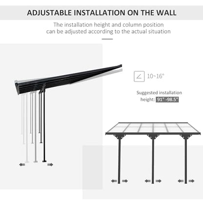 Outsunny 12' x 10' Outdoor Polycarbonate Pergola, Transparent UV Blocking Awning, Hardtop Deck Gazebo with Adjustable Posts and Height, Aluminum, Gray - WoodArtSupply