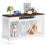 YITAHOME 63 Inch Double Dog Crate TV Stand with Charging Station, Heavy Duty Wooden Dog Crate Furniture for 2 Dogs, Dog Kennel Indoor Furniture Double Sliding Barn Door Design Ideal for 2 Dogs, White YITAHOME