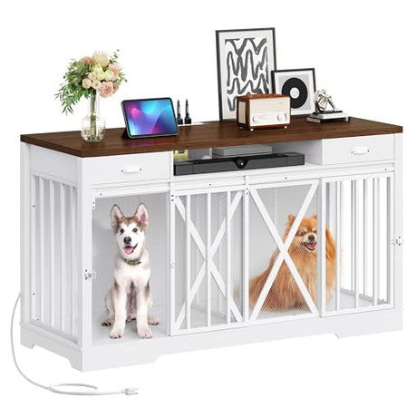 YITAHOME 63 Inch Double Dog Crate TV Stand with Charging Station, Heavy Duty Wooden Dog Crate Furniture for 2 Dogs, Dog Kennel Indoor Furniture Double Sliding Barn Door Design Ideal for 2 Dogs, White YITAHOME