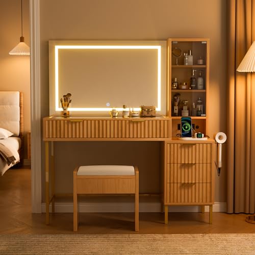 EOYUTLLY 48" Fluted Makeup Vanity Desk with 36" Mirror and Light,Glass Top Wooden Vanity Table with Charging Station,5 Drawers, 3 Adjustable Shelves & 3 Color Lighting Mode, Bedroom Dressing Table,Oak EOYUTLLY
