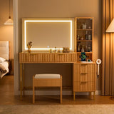 EOYUTLLY 48" Fluted Makeup Vanity Desk with 36" Mirror and Light,Glass Top Wooden Vanity Table with Charging Station,5 Drawers, 3 Adjustable Shelves & 3 Color Lighting Mode, Bedroom Dressing Table,Oak EOYUTLLY