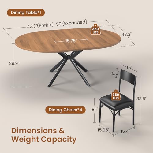 Itaar Round Extendable Dining Table Set for 4-6, Wood Kitchen Table with Upholstered Chairs, Dining Room Table for 6 with MDF Board & Metal Frame for Small Space, Easy Clean, Brown Itaar