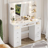 VQRhome White Vanity with Lighted 23.5” Mirror, Glass Top Vanity Desk with 9 Drawers & 3 Color Hollywood Bulbs & 4 Shelves & Acrylic & Power Outlet, Makeup Desk Dressing Table for Bedroom VQRhome