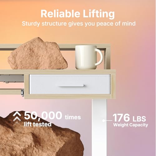 HUANUO 55″ x 26″ Electric Standing Desk with 2 Drawers &24.4″ Large Keyboard Tray, C-Clamp Mount Compatible, Adjustable Computer Desk for Office, Sit Stand Up Desk with 4 Height Presets, Light Walnut HUANUO