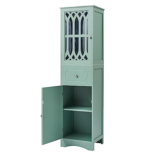 Merax Tall Storgae Cabinet Linen Tower with Adjustable Shelf, Drawer and Door, Freestanding Cupboard for Home, Kitchen or Living Room, Green - WoodArtSupply