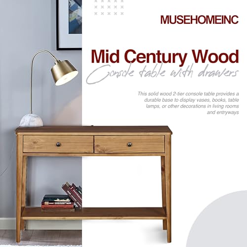 MUSEHOMEINC California Mid-Century Solid Wood 2-Tier Console Table with Drawers and Shelf/Console Sofa Table/Hallway/Entryway Table, Honey Brown - WoodArtSupply